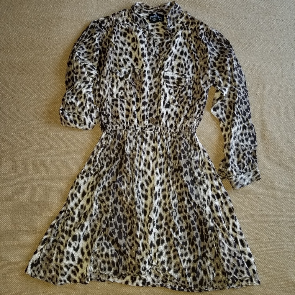 Angie Tan Black Leopard Animal Print Shirt Dress S